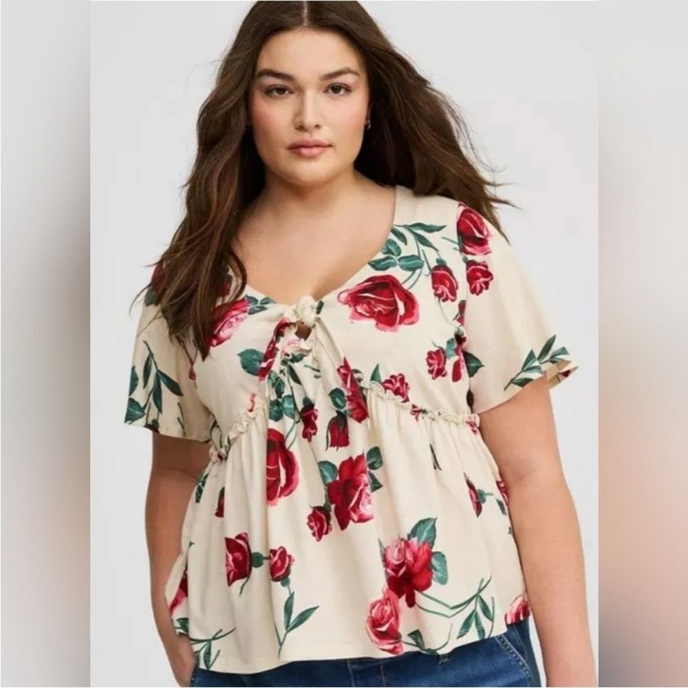 Torrid women’s 2x Heritage Jersey Tie-Front Babydoll Top red rose floral
